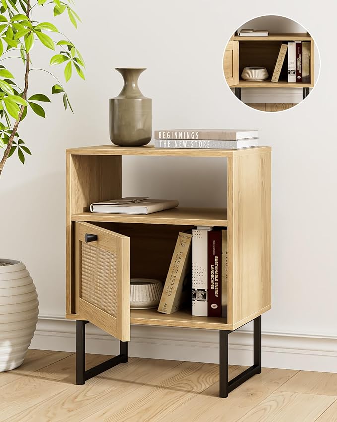 Rattan Nightstand, Mid Century Modern Night Stand,Boho Farmhouse Wood Bedside Table with Storage and Open Shelf, End Side Accent Table for Bedroom,Living Room,Oak