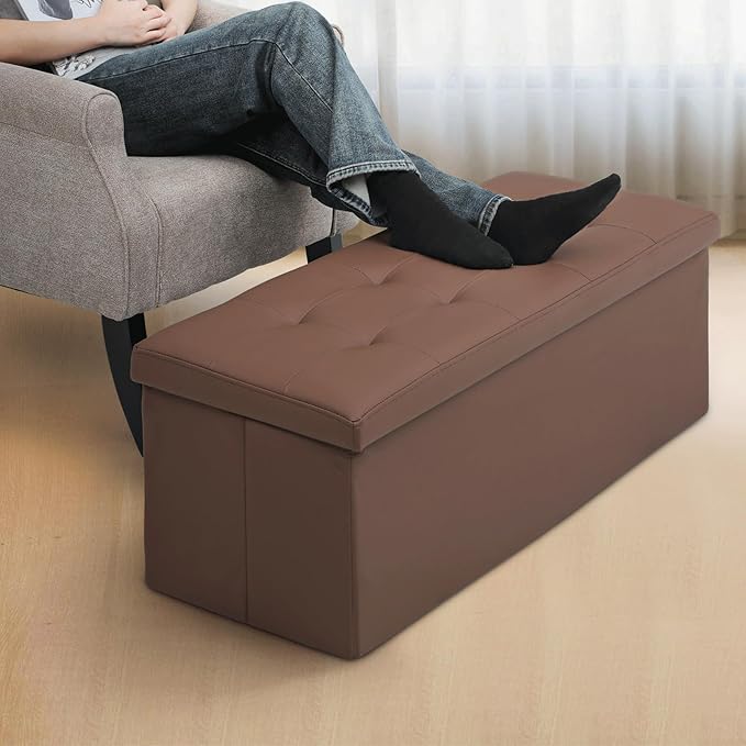 MoNiBloom 43 Inch Storage Ottoman Bench, 34 Gal. Folding Ottoman Footrest, End of Bed Bench, Rectangle Foot Stool, Supports 600 lbs, for Bedroom, Living Room, Entryway, Hallway, Brown