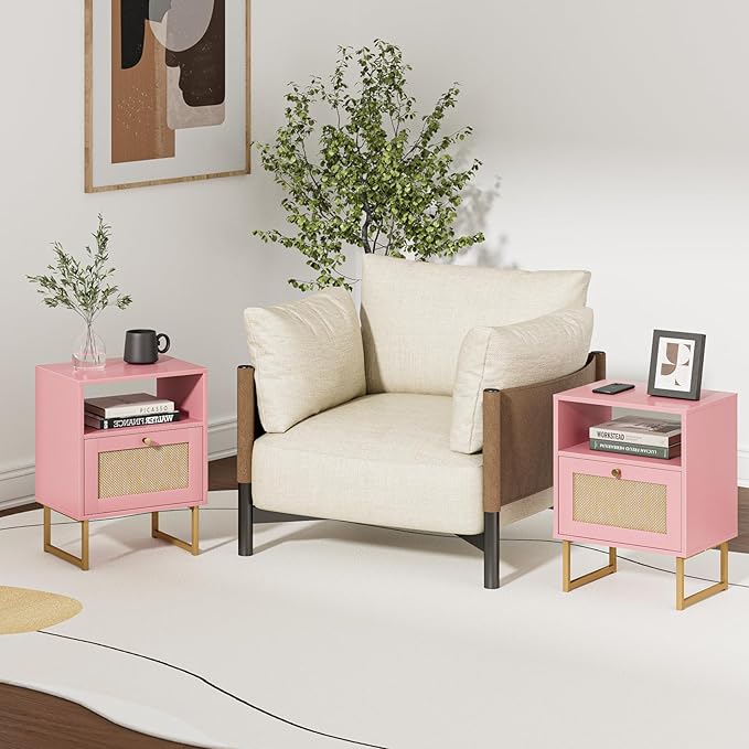 Masupu Rattan Nightstand,Modern Boho Farmhouse Wood Bedside Table with Storage Drawer and Open Shelf,Small Black Frame Side End Table for Bedroom,Living Room,Office (Pink)