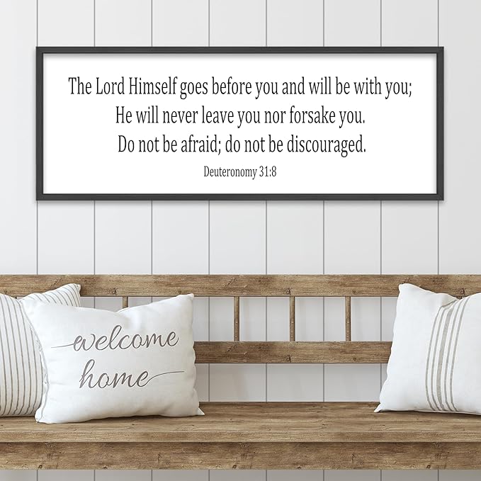 Christian Wall Decor The Lord Himself Will Go Before You He Will Be With You Deuteronomy 3:18 Sign 32"×12" Bible Verse Scripture Sign Large Rustic Wall Hanging Art (Black)