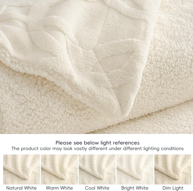 PHF Soft Sherpa Fleece Blanket Queen Size for Bed, 510GSM Fleece Lightweight Yet Warm Blanket, No Shed No Pilling, 90" x 90", Tufted Jacquard Cozy Thick Bed Throw for Home Decor Gift, Cream