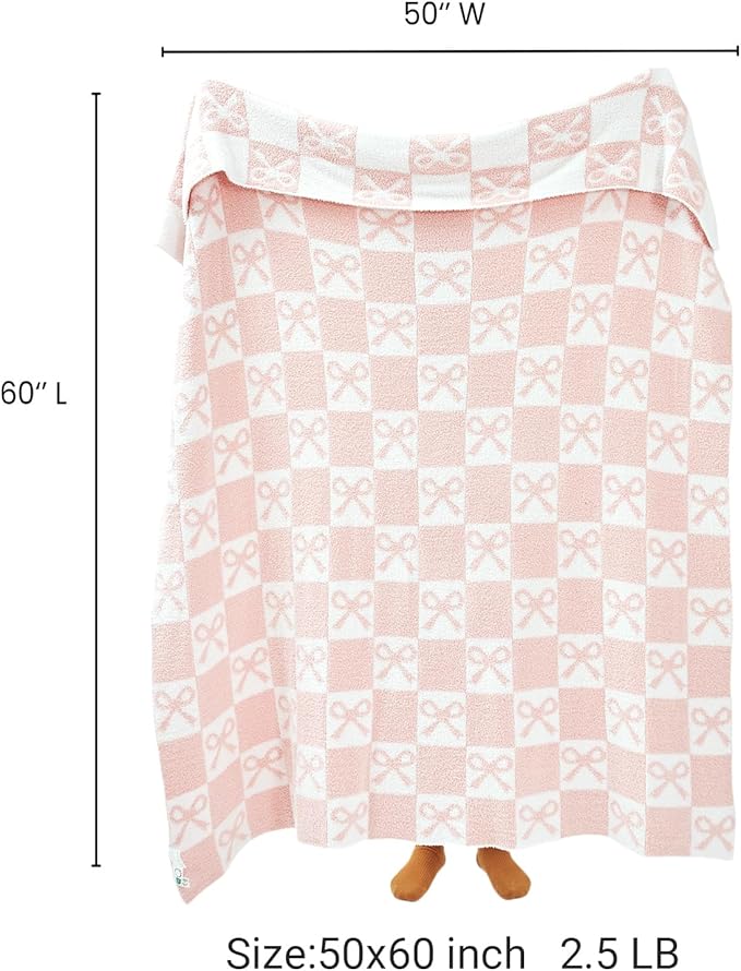 YIRUIO Pink Checkered Knit Throw Blanket with Bow Pattern for Women Daughter 50x60 Ultra Soft Microfiber Reversible,Fluffy Fuzzy Cozy Throw for Bed, Sofa & Couch Home Decor