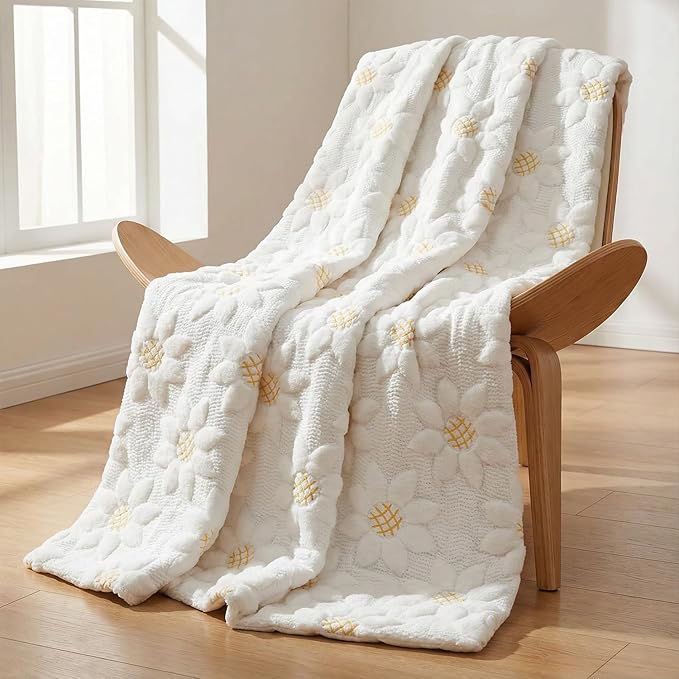 Horaldaily Spring Summer Blanket Throw, White Sunflower Soft Fuzzy Plush Faux Fur Cozy Blankets for Couch Sofa Bed Lounging, Ideal Gifts for Kids Adults Wife Self, 60x80