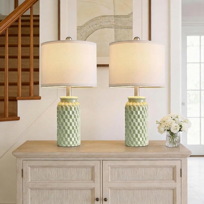 20.5" Small Bedside Lamps Set of 2 with 5FT Cord, Green Ceramic Modern Farmhouse Table Lamps for Nightstand, Living Room, Bedroom, 3D Honeycomb Stylish End Table Lamps(Bulb Not Included)