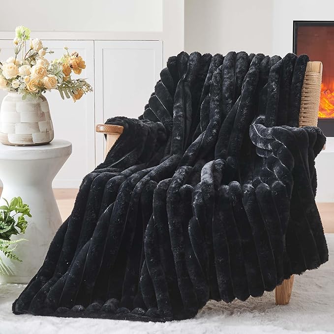 Lotus Karen Blanket for Bed Queen Size, Cozy Soft Fluffy Fuzzy Black Blanket, Striped Warm Thick Furry Plush Shaggy Large Blankets for Women, 90x90 Inches