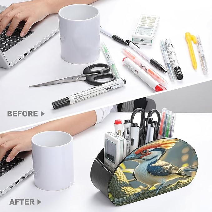 Cute Pileated Woodpecker Remote Control Holder Organizer Box with 5 Compartment PU Leather Bedside Storage Caddy Remote Organizer for Controller Media Player Pen/Pencil Storage