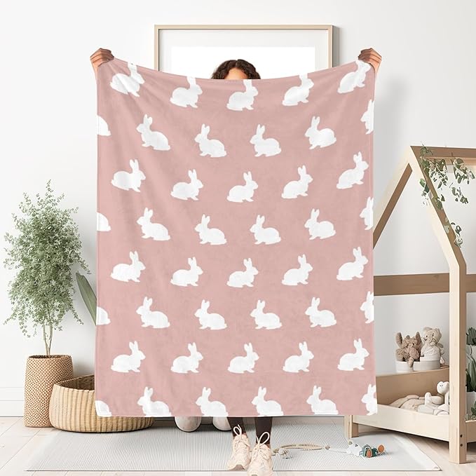 ITFRO Easter Gift Flannel Fleece Throw Blanket for Couch 50x60 Inches Cute Rabbit Mother's Day Soft Cozy Pink Animal Blanket All Seasons Home Decor for Bed Sofa (Rabbit Pink)