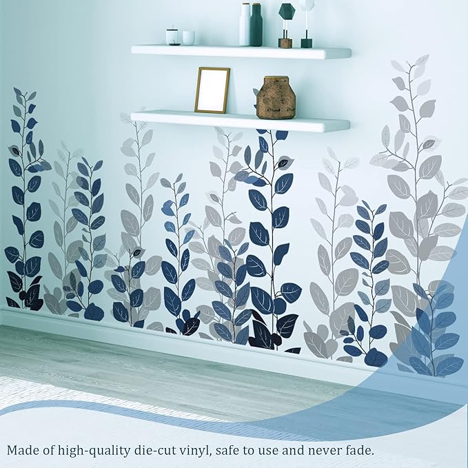 Blue Hanging String of Eucalyptus Wall Decals Peel and Stick, Large Plants Vinyl Wall Stickers, Removable Vine Home Decor Art for Bedroom Living Room Classroom Office