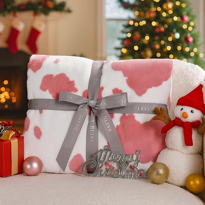Cozy Bliss Cow Print Throw Blanket for Bed - Fuzzy Thick Soft Warm Fleece Blankets for Couch & Bed, for Women Men Girls Kids, Pink Large King Size 120"*100"