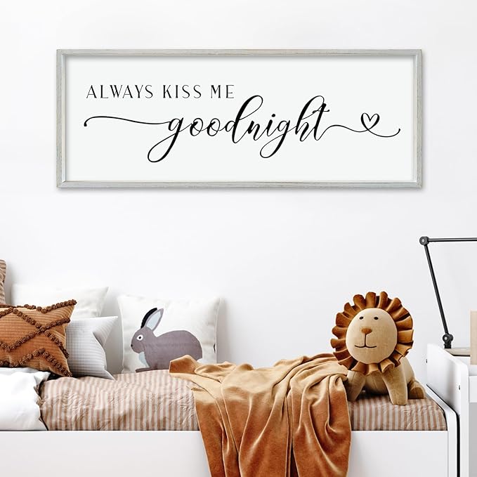 comurdyo Romantic Couple Always Kiss Me Goodnight Sign 40"×15" for Large Modern Rustic Love Theme Master Bedroom Above bed Wood Frame Horizontal Hanging Wall Art Decor (White)