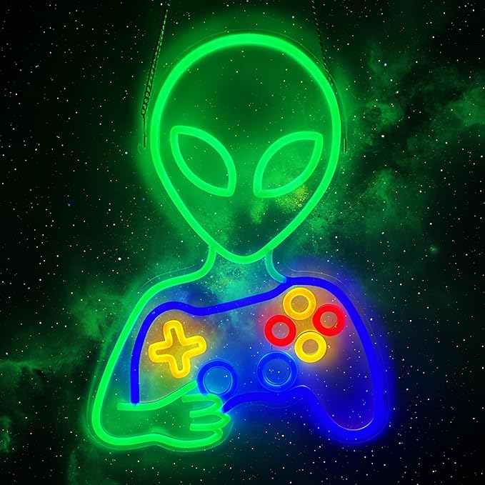 Alien Gamer Neon Sign, Dimmable Alien with Game Controller LED Lights for Game Room Wall Decor, Bedroom, Man Cave, Best Gamer Gifts for Teen Boys and Kids, 16 x 12 inch