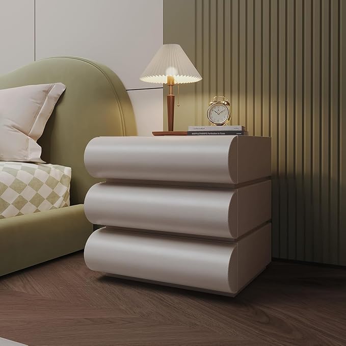 Nightstand with 3 Drawer, Bedside Table with Microfibre Leather, Fashion Night Stand for Bedroom/Living Room, No Assembly Required-White
