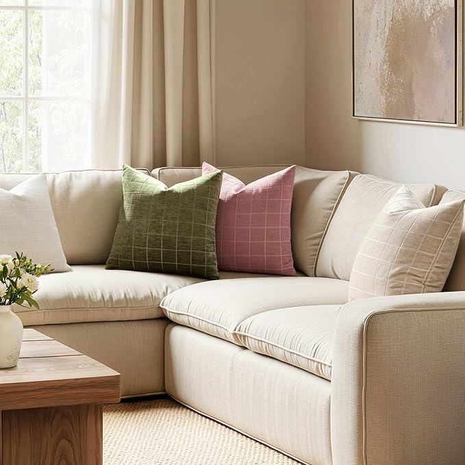 MIULEE Decorative Chenille Check Throw Pillow Covers Vintage Plaid Couch Pillows 20x20 Inch Set of 2 Neutral Boho Farmhouse Cushion Covers Modern Home Decor for Sofa Bed Living Room Olive Green