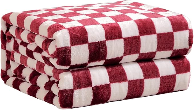 FY FIBER HOUSE Checkered Flannel Fleece Throw Blanket King Size Soft Cozy Checkerboard Grid Print Chessboard Pattern Blankets for Bed Couch Sofa, 90"x108", Burgundy