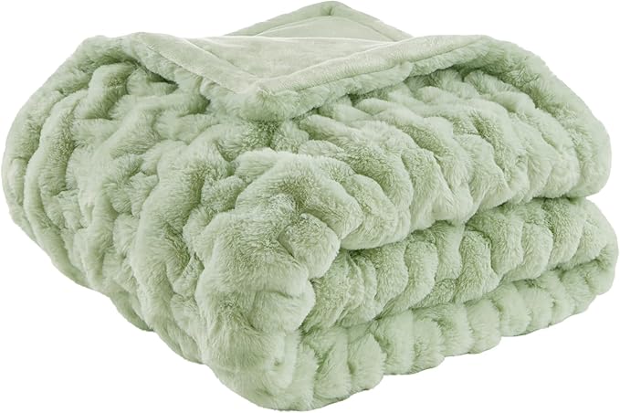 Madison Park Ruched Luxury Throw Premium Soft Cozy Brushed Long Faux Fur for Bed, Couch or Sofa, 50"x60", Sage Green