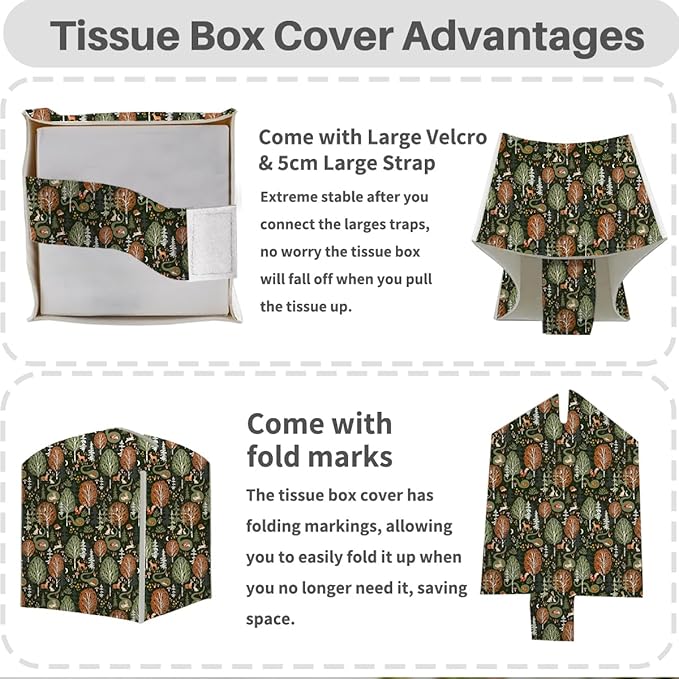 Tissue Box Cover, Tissue Box Holder, Square with Belt Bottom, PU Leather Decorative Organizer for Desk, Tabletop, Countertop Bathroom, Toilet Car, Office, Dresser Kitchen, Rabbit Deer Flower Decor