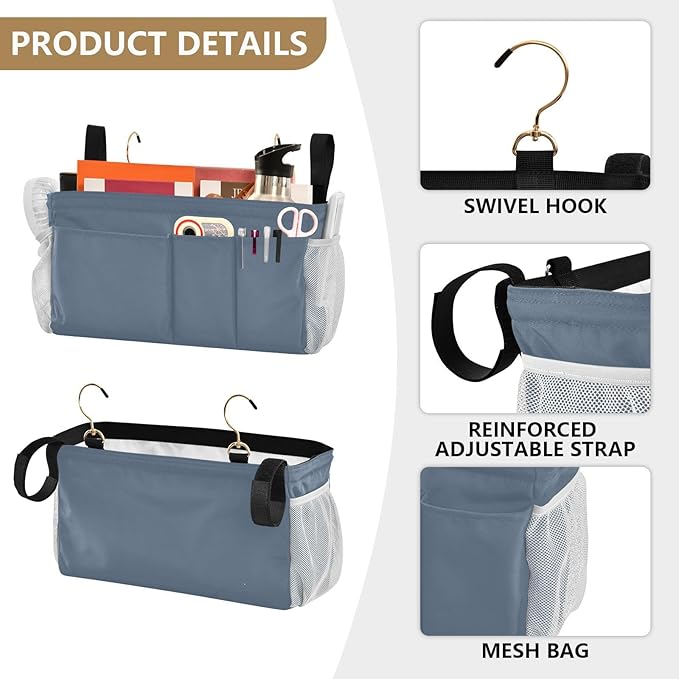 DOMIKING Dusty Blue Bedside Caddy for Dorm Bed Recliner Armrest Organizer with Hooks Haning Holder for Magazine Tablet Phone