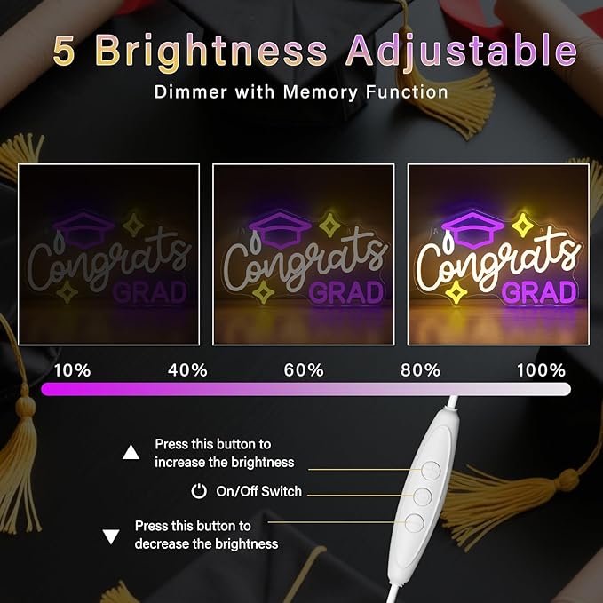 Congrats Grad Neon Sign with Cap - 16.93" x 10.63" Dimmable LED Graduation Light Up Signs Grad Light Sign for Class of 2026 Celebrations, Prom Party, Room Dorm Backdrop, Graduation Gift
