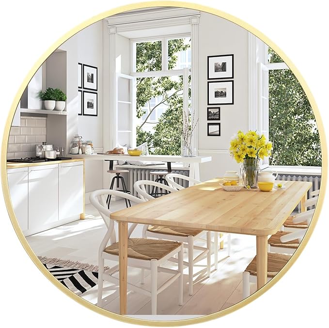 24 Inch Round Mirror, Gold Circle Mirror for Bathroom, HD Eco-Friendly Round Bathroom Mirror for Over Sink, Small Matte Gold Metal Framed Wall Mirror for Wall, Vanity, Entryway, Easy to Install