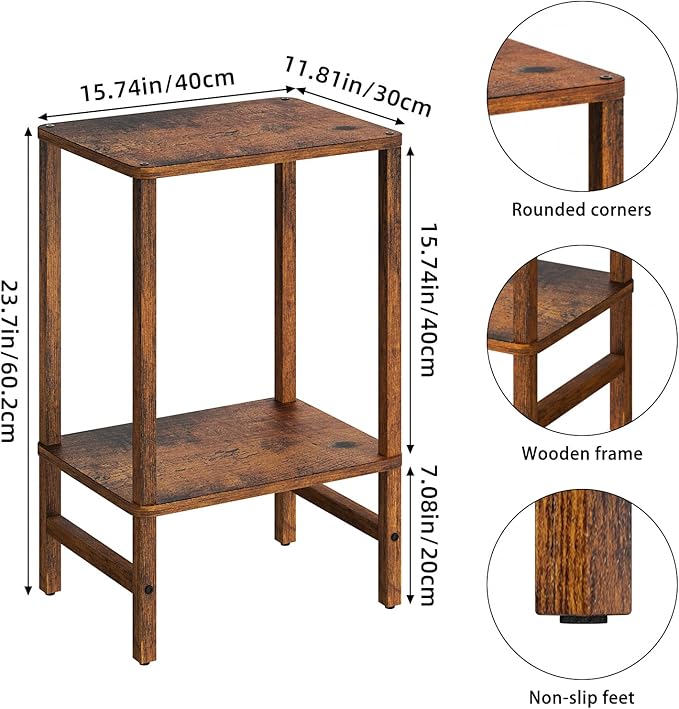 Side Table End Table Tall Night Stand 2-Tier 2 Pack for Living Room Bedroom Bathroom Office Furniture Brown