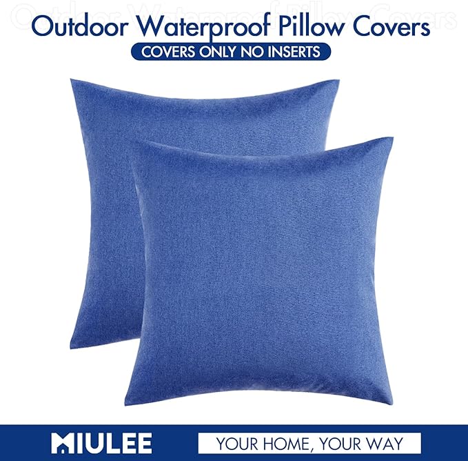 MIULEE Pack of 2 Decorative Outdoor Solid Waterproof Throw Pillow Covers Faux Linen Garden Farmhouse Coastal Cushion Cases for Summer Patio Tent Balcony Couch Sofa 16x16 Inch Royal Blue