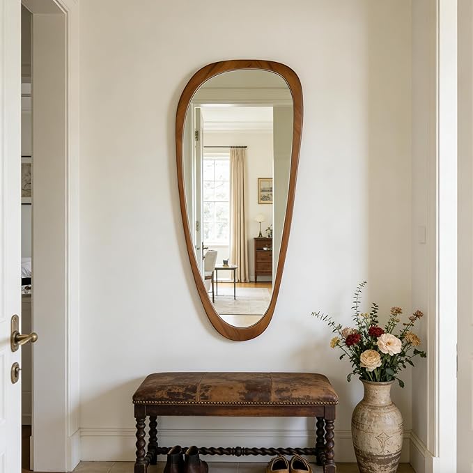 Ruomeng Full Length Irregular Wall Mirror, 48 x 22 Inch Wooden Mirror, Boho Large Decorative Asymmetrical Mirror for Bathroom, Living Room, Bedroom, Entryway, Farmhouse, Tempered Glass, Shatterproof