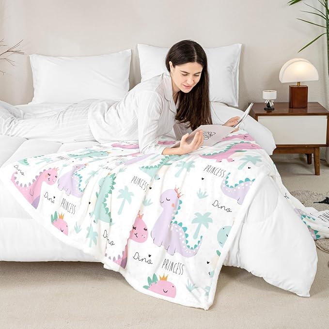 Erosebridal Dinosaur Sherpa Blanket - Pink & Purple Dinos, Kids Girls Cartoon Fleece Blanket Series, Cute Animal Fuzzy Throw, 50"x60"