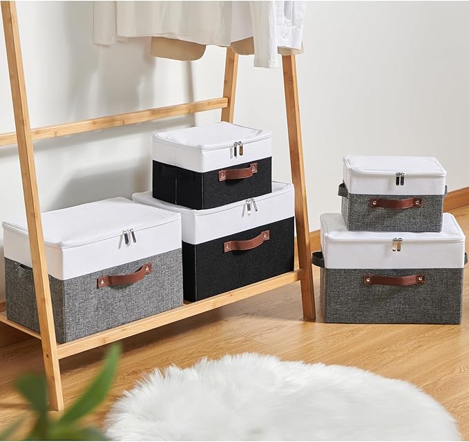 2 Pack Storage Boxes with Zipper Lid Cotton Linen Fabric Lidded Storage Bins Baskets Foldable Washable Closet Shelf Clothes Organizer Container Faux Leather Handles (Gray White, Small)
