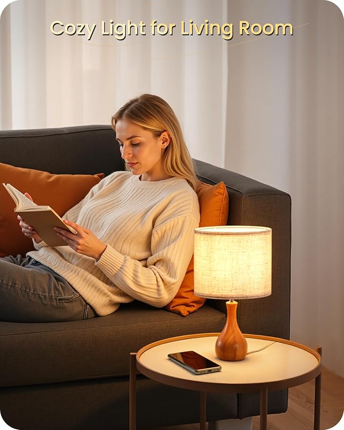 Wood Table Lamps Set of 2, Small Bedside Lamps Set of 2, Beige Linen Lampshade & Dark Pearwood Base, 14.2" Small Table Lamp, Nightstand Lamps for Bedroom, Small Space, E26 Socket, LE09TLP205