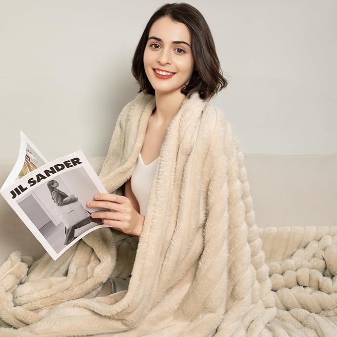 Comelady Fleece Throw Blanket for Couch,Super Soft Warm Fluffy Blanket for Bed Sofa Room Decor-Lightweight Cozy Fuzzy Striped Blanket for All Seasons(Light Brown,50"×60")