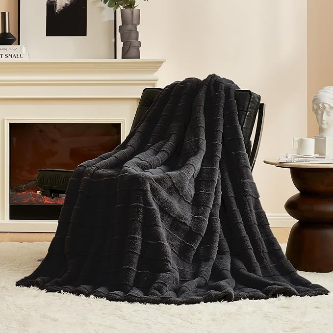 Cozy Bliss Fluffy Faux Fur Throw Blanket for Couch,Warm Cozy Soft Black Throw Blankets for Sofa Bed Living Room,50x60 Inches