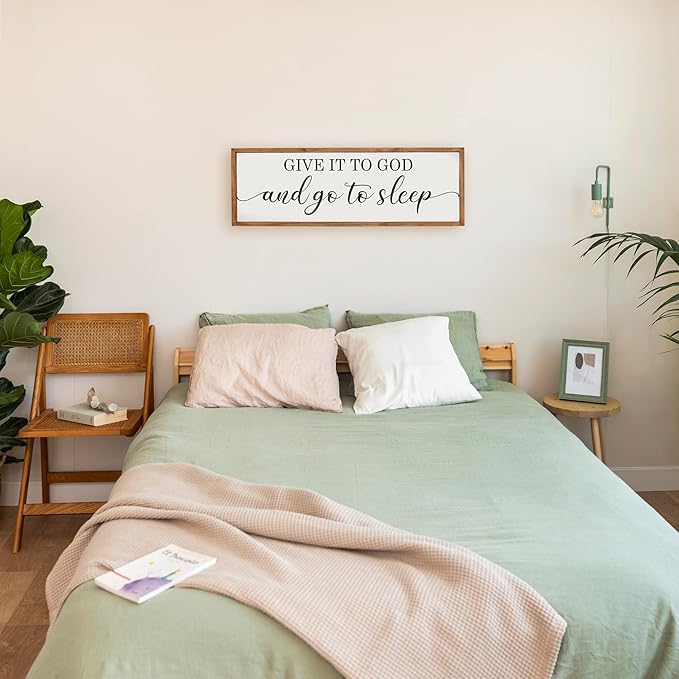 Houmury Framed Give it to God and Go to Sleep Signs 48"x16" Above Bed Wall Decors Wall Art for Bedroom Wood Signs (48 x16 inch, Brown)