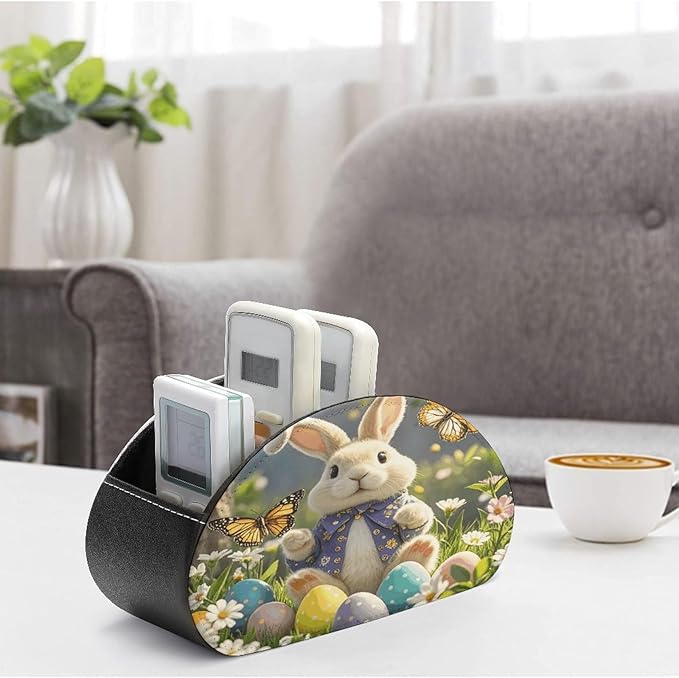Easter Bunny Spring Butterfly Remote Control Holder Organizer Box with 5 Compartment PU Leather Bedside Storage Caddy Remote Organizer for Controller Media Player Pen/Pencil Storage
