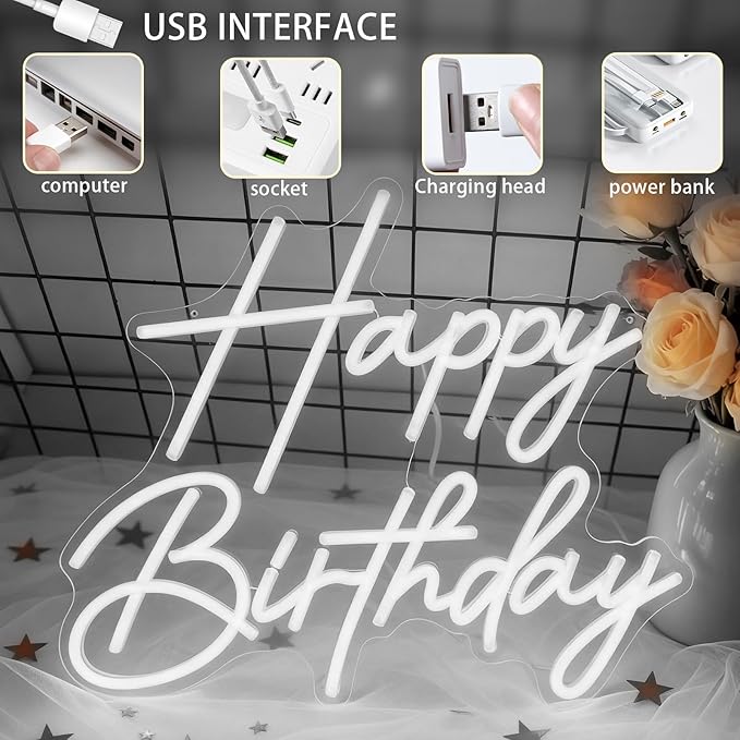 Happy Birthday Neon Sign for Wall Decor, Dimmable LED Happy Birthday Light Up Sign, Happy Birthday Sign for All Birthday Party Decoration Backdrop and Any Ages Bday Celebration, White