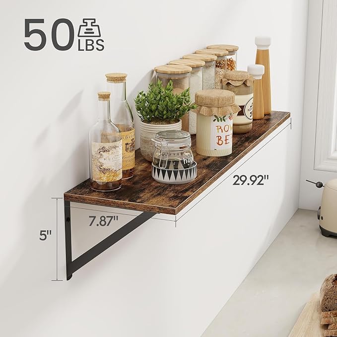 Heimlove Deep Floating Shelves for Wall, 30W x 8D Wood Wall Shelves Set of 2, Wide Floating Bookshelf for Living Room, Kitchen, Office, Bedroom and Decor Storage, with Metal Bracket - Rustic Brown