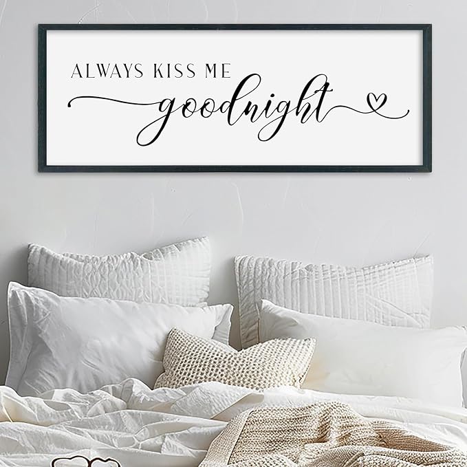 SRSZHIYUE Romantic Always Kiss Me Goodnight Sign Wall Decor 40"×15" for Love Theme Master Bedroom Above Bed Simple Modern Farmhouse Large Wood Framed Wall Horizontal Art Hanging (Black)