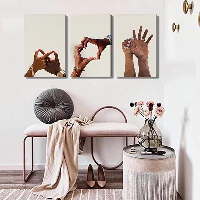 3Pcs Black Couple Canvas Wall Art Holding Hands Heart Love Wall Decor Afro Women Men Poster Prints for Living Room Bedroom Bathroom Decorations (16x24in Canvas)