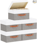 Fabric Storage Bins with Lids, Linen Collapsible Boxes, Storage Baskets with Double Handles, White and Grey, 5 Pack, 13 x 9.1 x 7.9 Inch