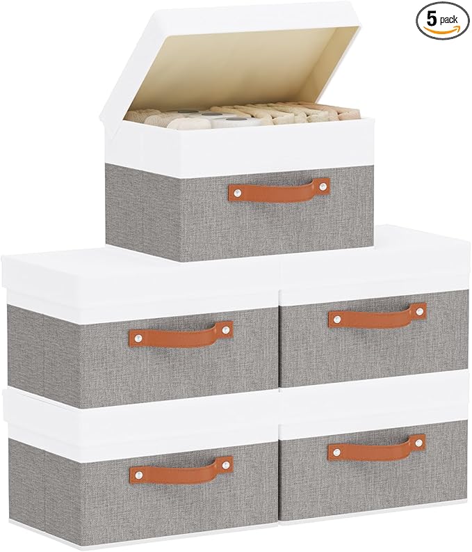 Fabric Storage Bins with Lids, Linen Collapsible Boxes, Storage Baskets with Double Handles, White and Grey, 5 Pack, 13 x 9.1 x 7.9 Inch