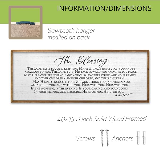 TQianJiang Christian Inspirational Quote Wall Decor The Blessing May The Lord Bless You Sign Scripture 40"×15" Home Bible Verse Positive Sayings for Catholic Living Room Religious Wall Art (Wood)