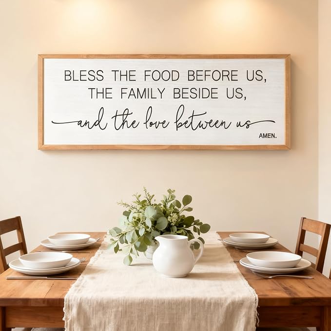 Bless the Food Before Us, the Family Beside Us, and the Love between us Framed Wall Art for Dining Room, 40''×15'' Rustic Holy Positive Religious Bible Verse for Christian God Jesus Christ Prayer