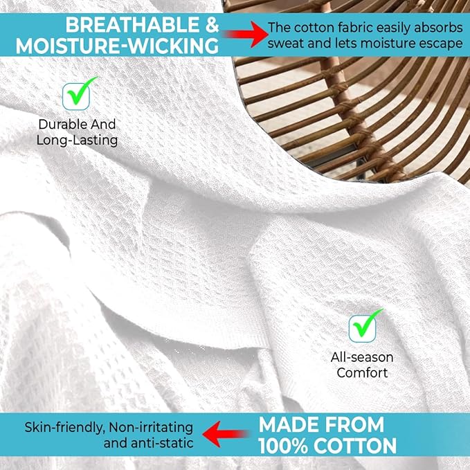 100% Cotton Blankets for Bed - Waffle Weave Blankets for Summer, Lightweight and Breathable Soft Woven Blanket for Spring (White, Throw (50" x 60"))