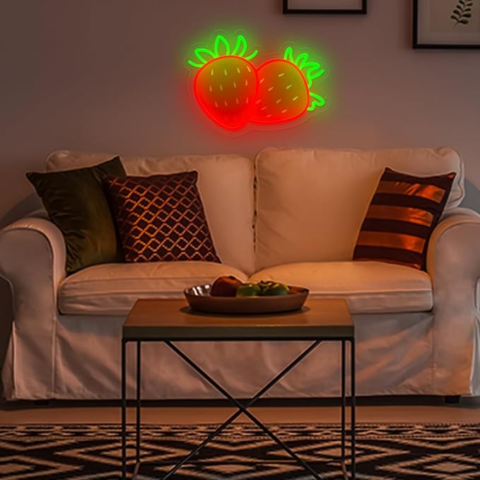 Strawberry Neon Sign for Wall Decor, Dimmable Printing Strawberries Fruits Neon Lights, Vibrant Fruit Themed Neons LED Signs for Kids Room, Bedroom, Restaurant, Bar, Club, Fruit Shop, Birthday Party