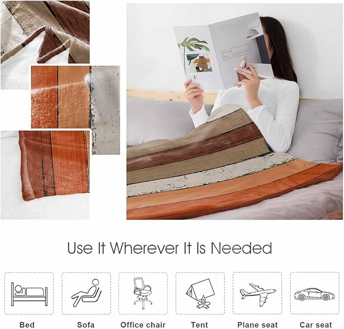 Farmhouse Burnt Orange Brown Throw Blanket, Soft Fluffy Fuzzy Blankets & Throws for Bed/Couch, Vintage Country Wooden Lightweight Warm Blankets for Women Christmas Decor 50"x60"
