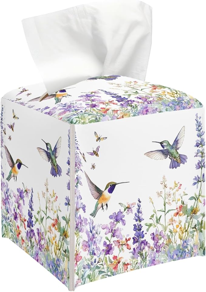 Floral Hummingbird Tissue Box Cover, Purple Tissue Holder Square with Bottom Belt for Home Bathroom Office Vanity Countertop, Housewarming Gifts Ideas for Women Friends Mom Bestie -08