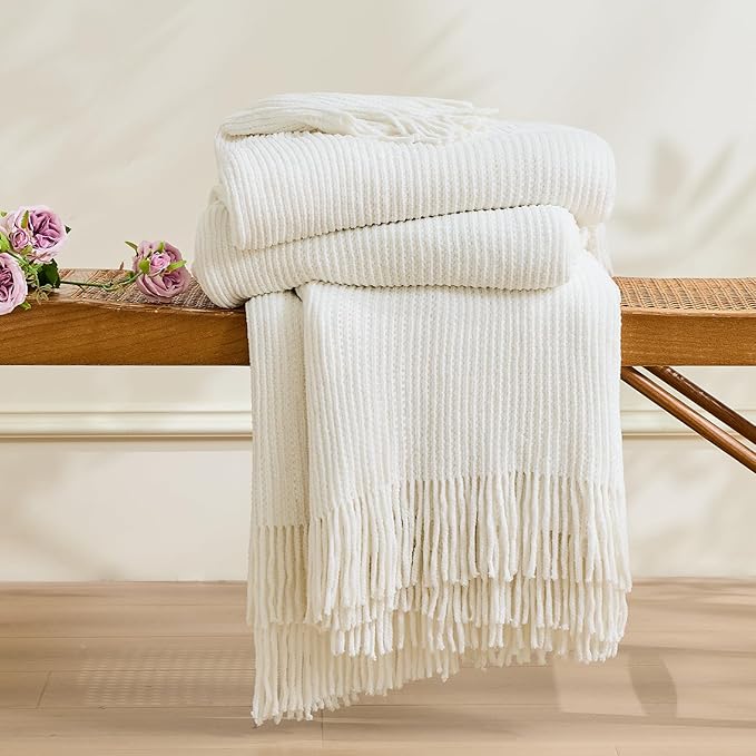 inhand Throw Blanket for Couch Bed,Chunky Chenille Woven Soft Blankets with Tassels,Cozy Boho Farmhouse Spring Summer Fall Decor,Warm Knitted Gifts for Women,50"x60",Medium Thick-Off White