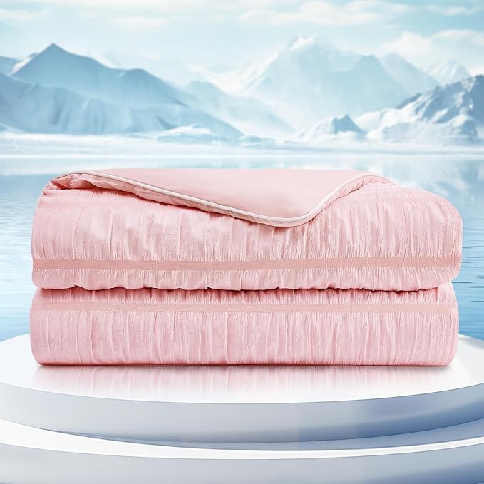 Cozy Bliss Seersucker Cooling Comforter Twin Size, Q-Max 0.45 Reversible Lightweight Cooling Blanket, Breathable Silk Smooth Summer Bedding Quilt for Hot Sleepers Night Sweats Pink