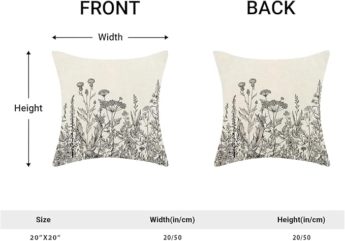 AEIOAE Black White Gray Pillow Covers 20x20 Inch Set of 2, Spring Wildflower Plant Throw Pillows Case,Seasonal Floral Outdoor Decorative Flowers Farmhouse Decor Cushion Covers for Home Sofa Bed Couch
