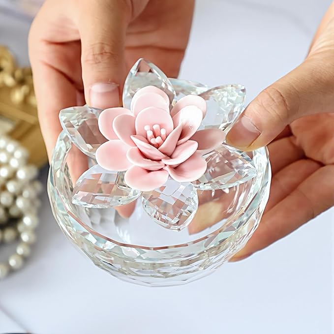 Crystal Jewelry Box for Women, Small Glass Trinket Jar with Lid, Clear Lotus Flower Storage Holder Elegant Organizer Dish for Ring, Earrings, Necklace, Gift (Pink Flower)