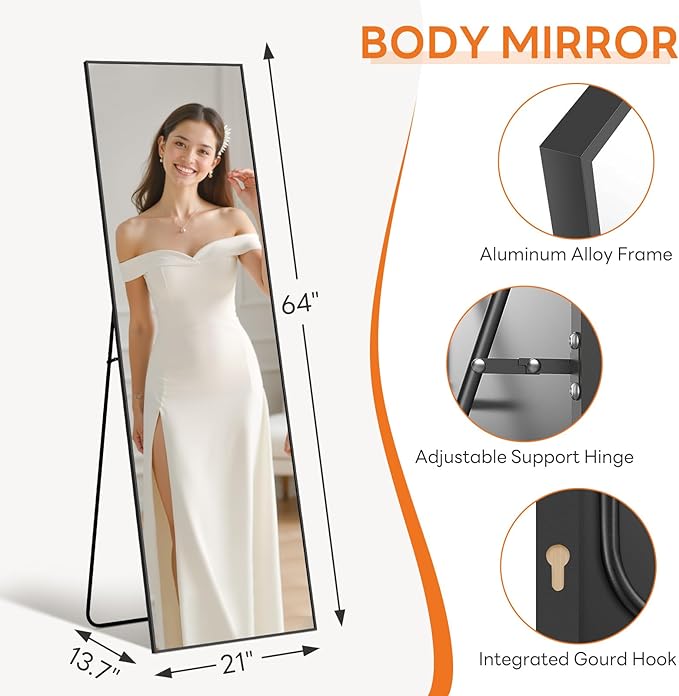 Full Length Mirror 59"x16" Full Body Mirror Rectangle Free Standing Wall Mounted Leaning Floor Mirrors with Stand Aluminum Alloy Frame for Bedroom Cloakroom, Matte Black